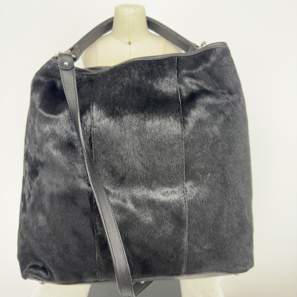 Gianni Chiarini Black Calf Hair Leather Hobo Bag Made in Italy Crossbody Large